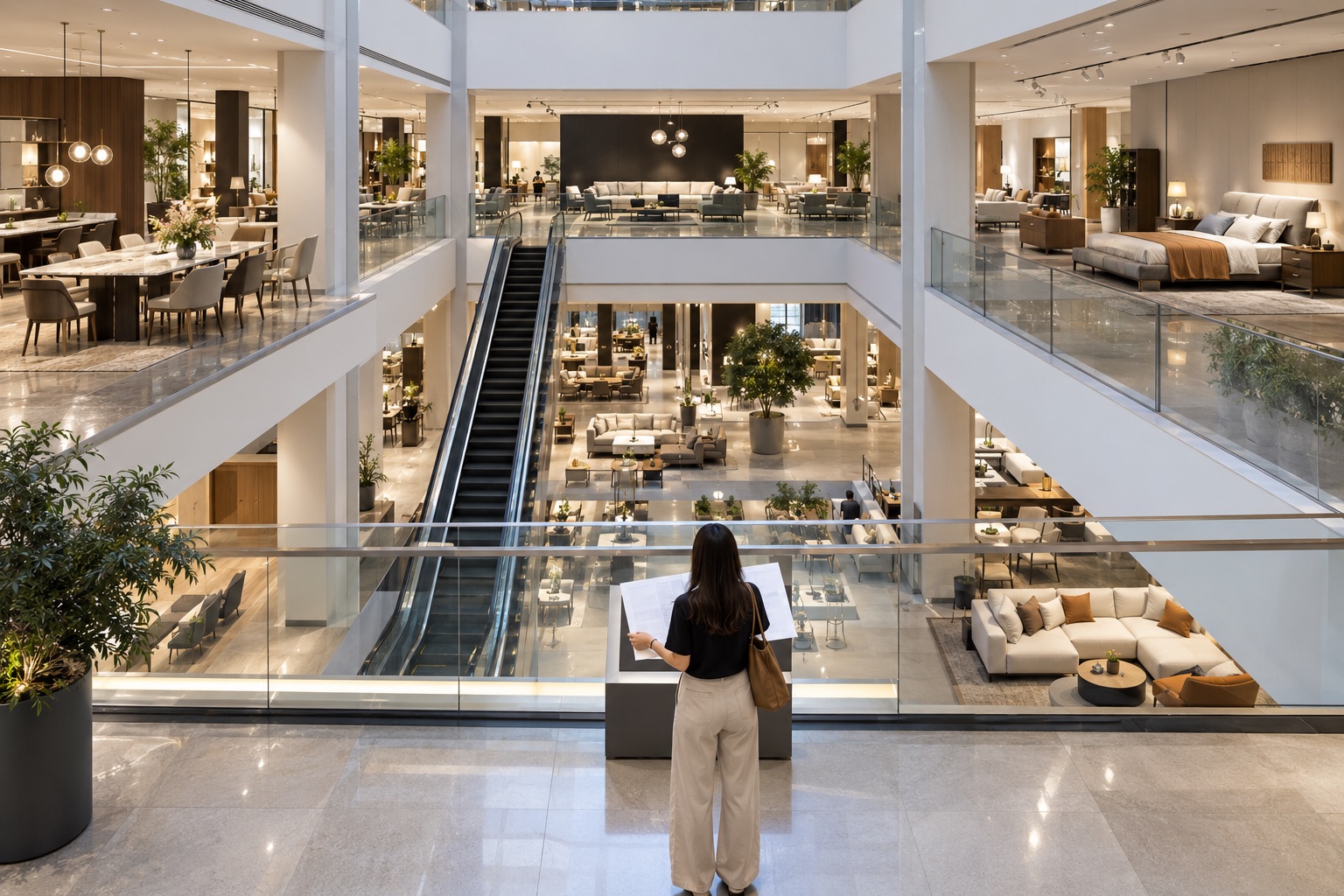Buyer reviewing route cards and furniture category icons at a multi-level mall entrance