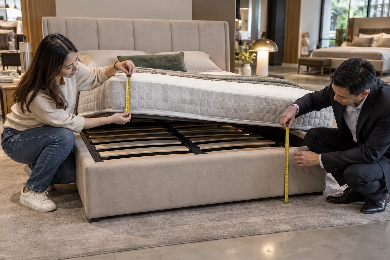 Customer measuring a bed frame, mattress and support system in a Lecong bedroom showroom