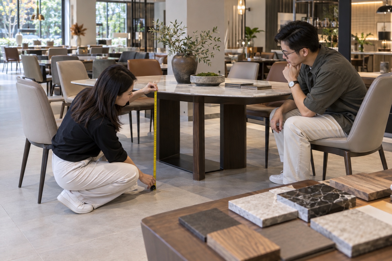 Customer measuring dining table and chair heights and comparing tabletop materials in a Lecong showroom