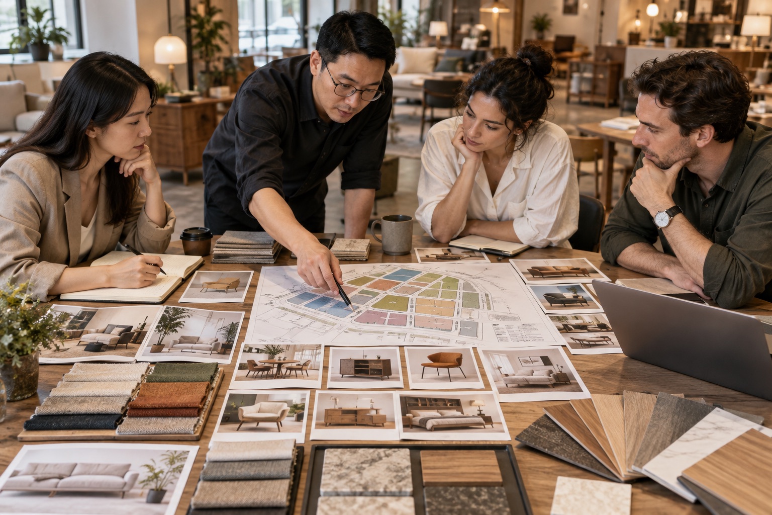 Sourcing team planning a category-based furniture market route beside material samples