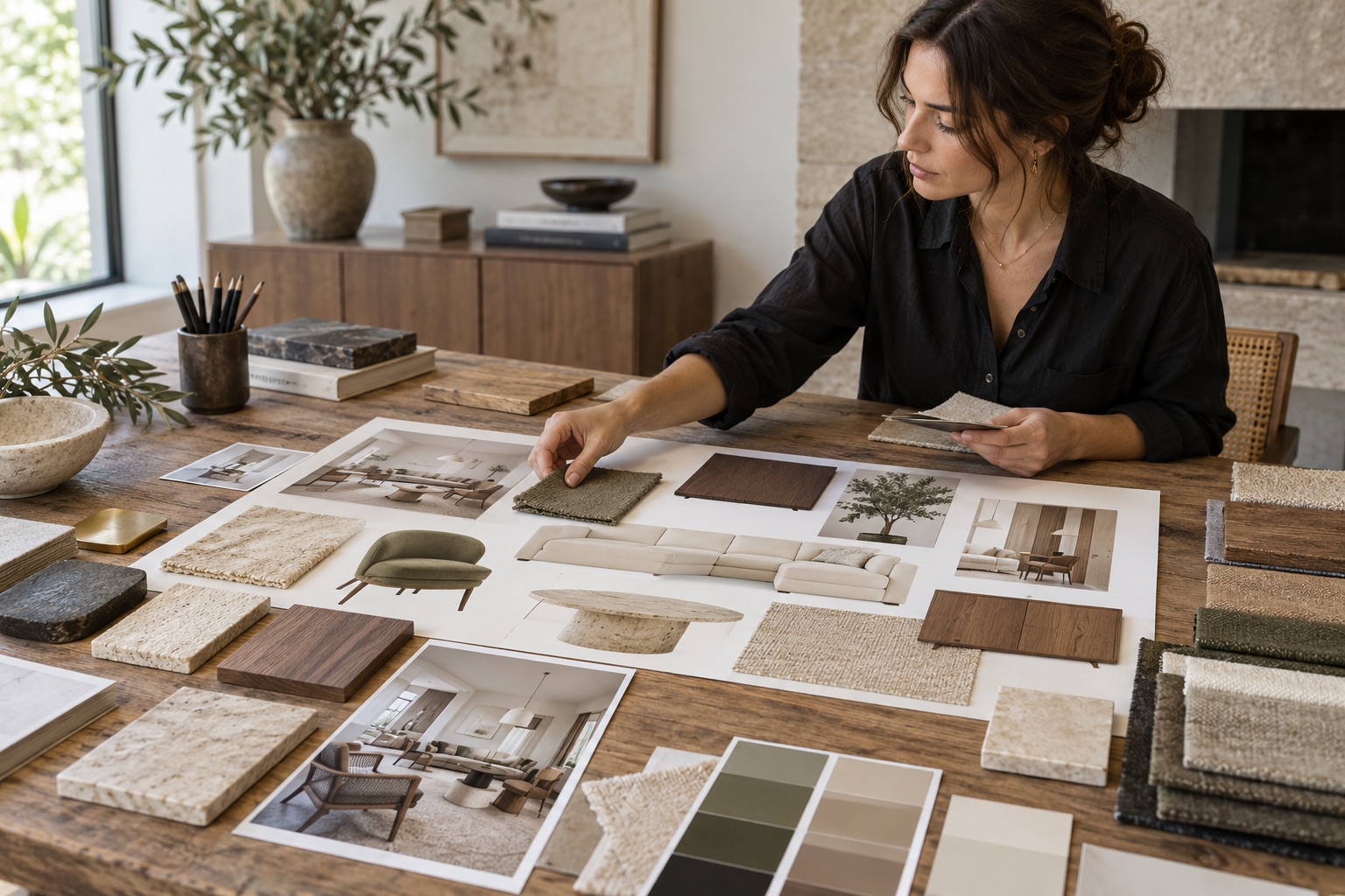 Buyer building a coherent furniture style board with forms and material samples