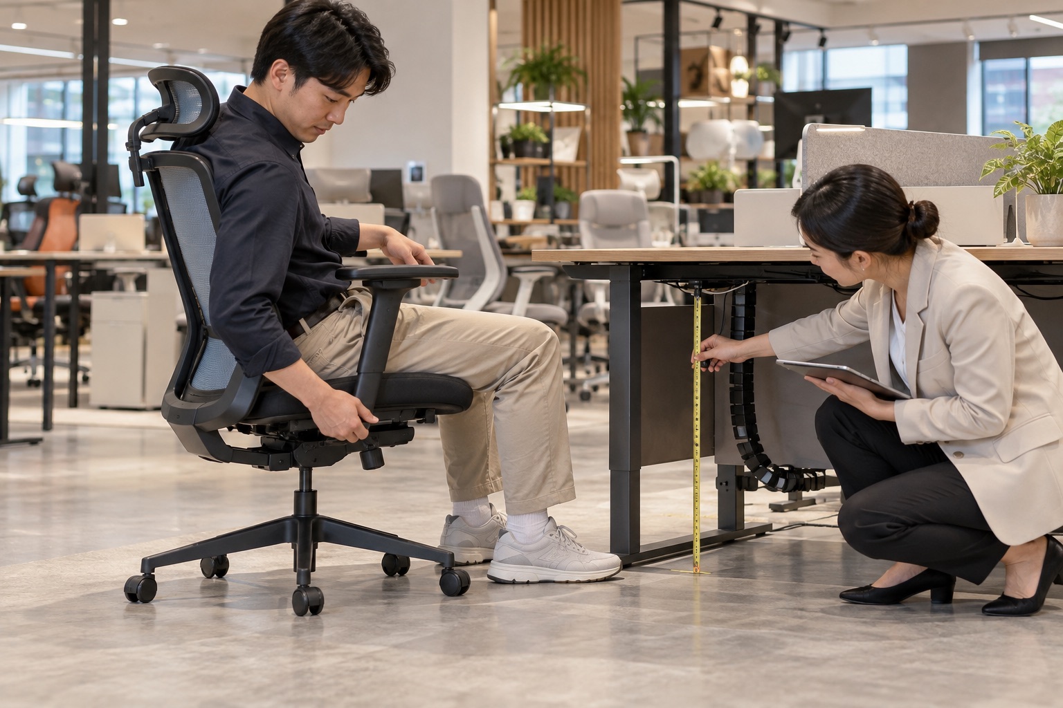 Customer trying an office chair and measuring under-desk clearance in a Lecong showroom