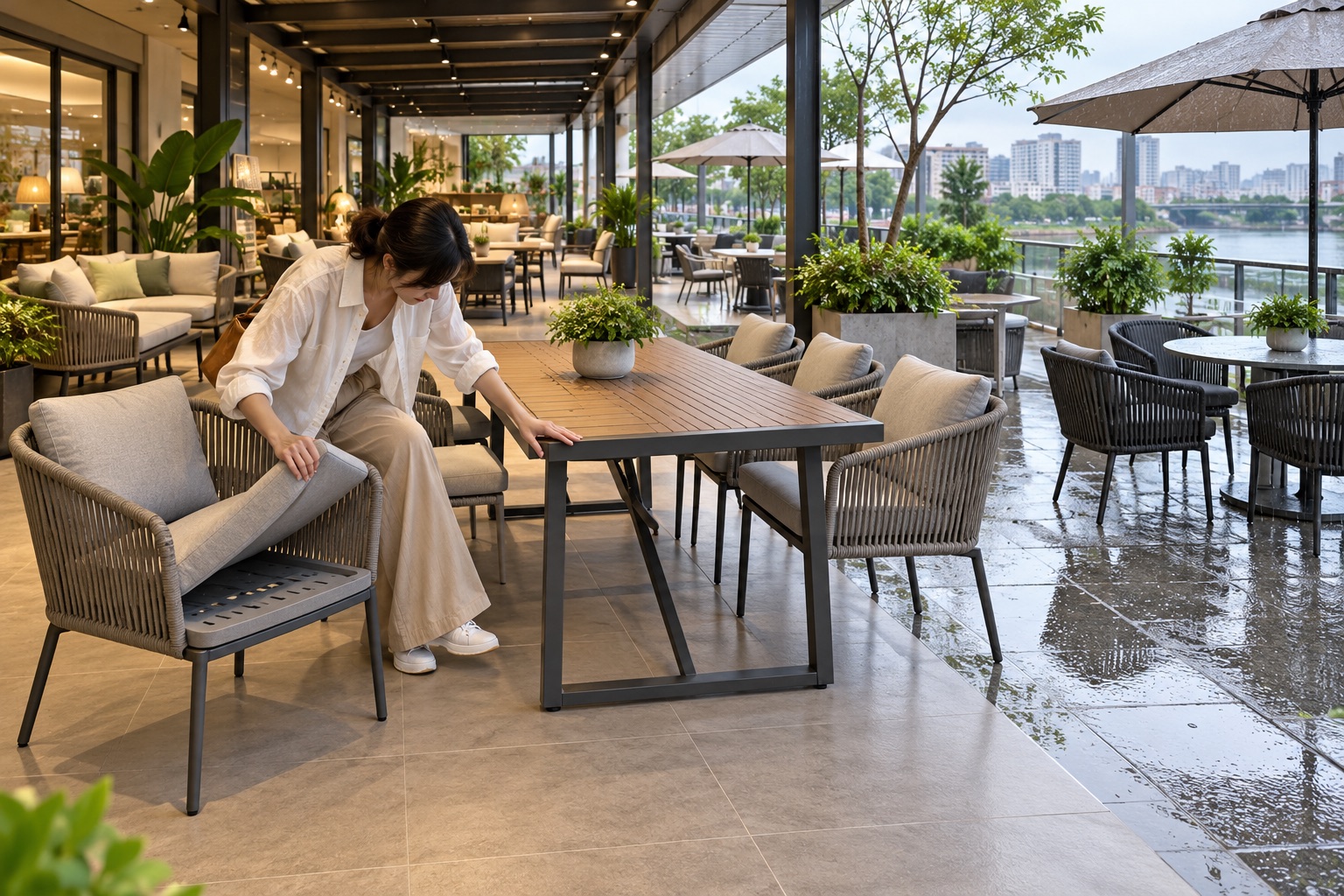 Customer checking drainage, cushions and table stability in a Lecong outdoor furniture showroom