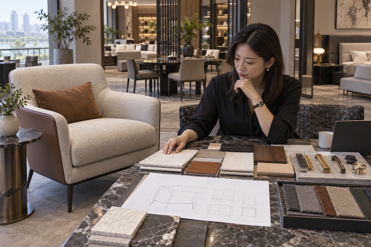 Ready-made showroom furniture compared with custom material samples and shop drawings