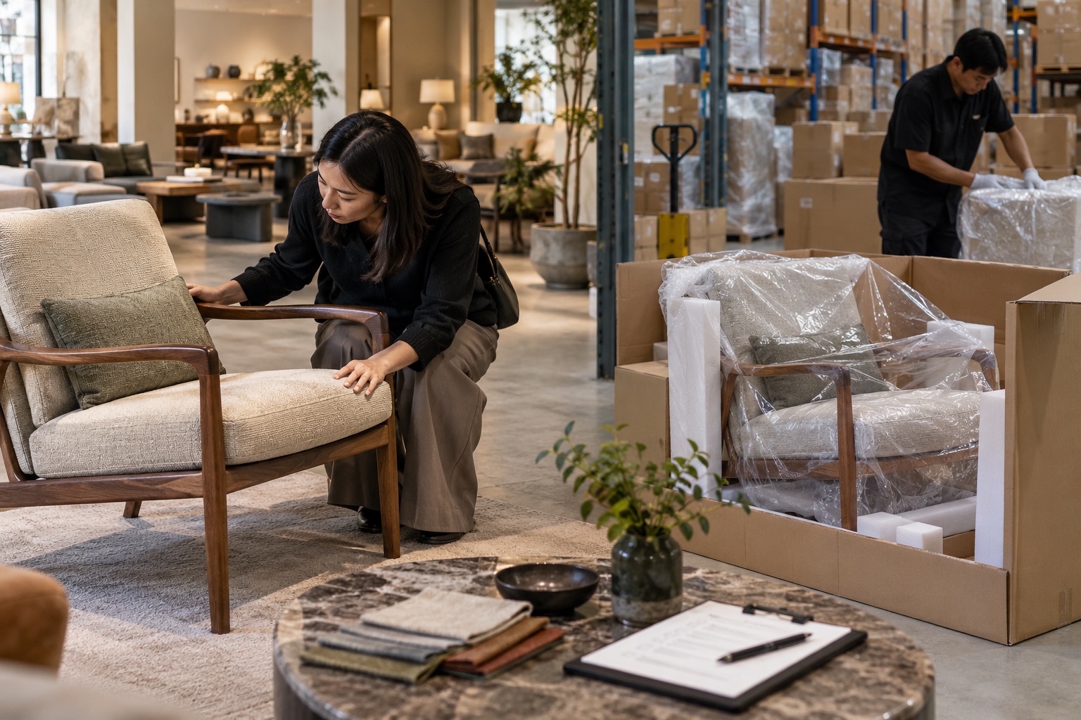 Furniture showroom display compared with a newly produced and packed furniture item
