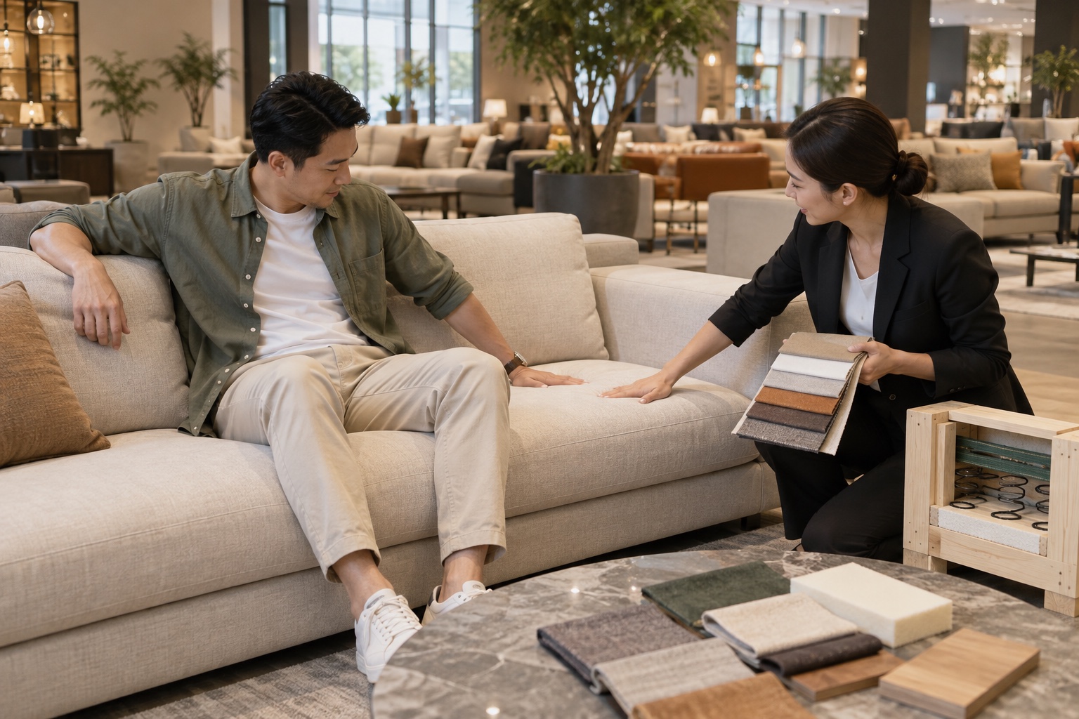 Customer comparing sofa seat depth, upholstery swatches and internal construction in a Lecong showroom