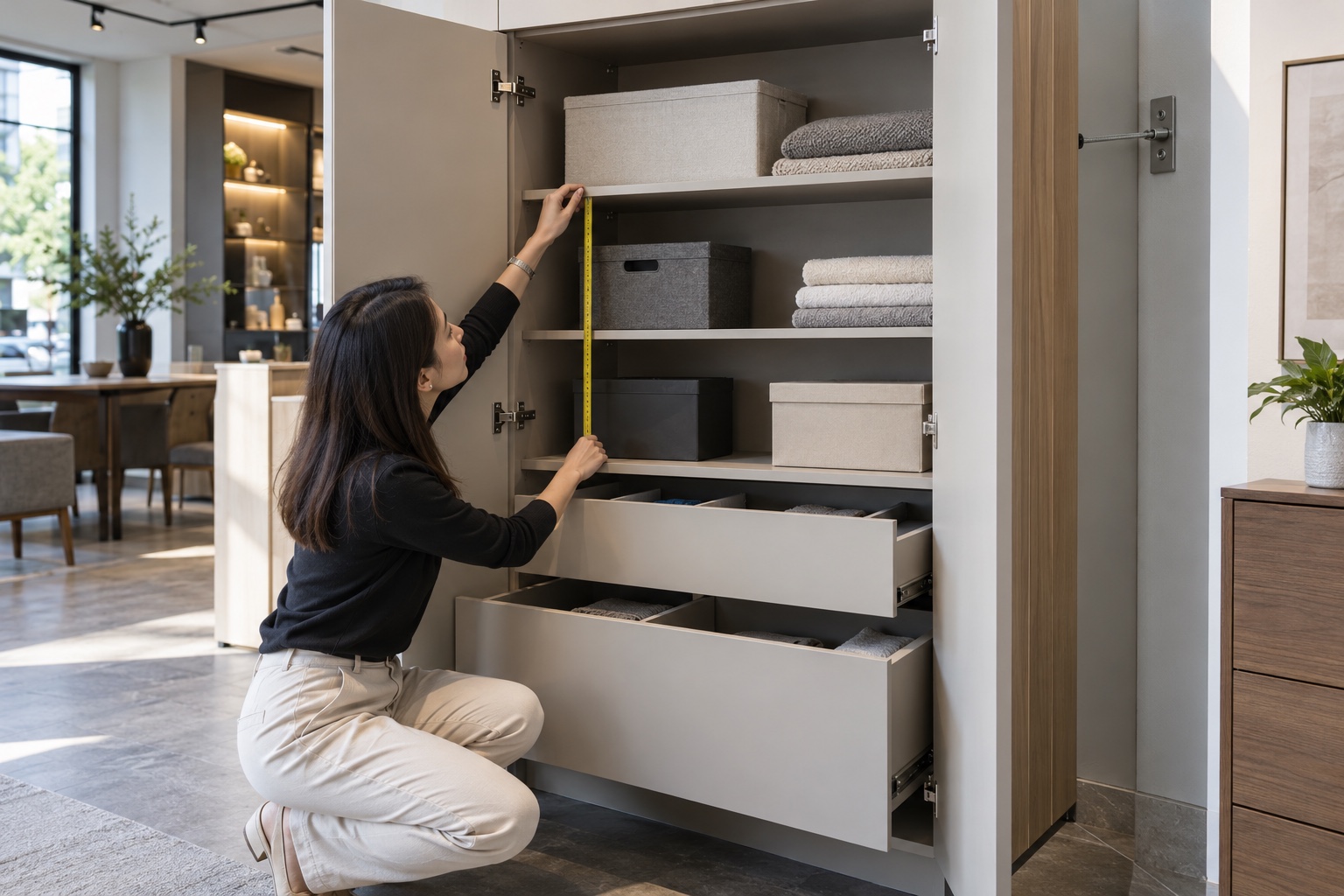 Customer checking cabinet interior layout, door movement and wall fixing points in a Lecong showroom