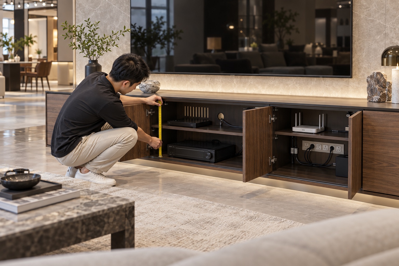 Customer measuring a media cabinet and checking ventilation and cable routes in a Lecong showroom