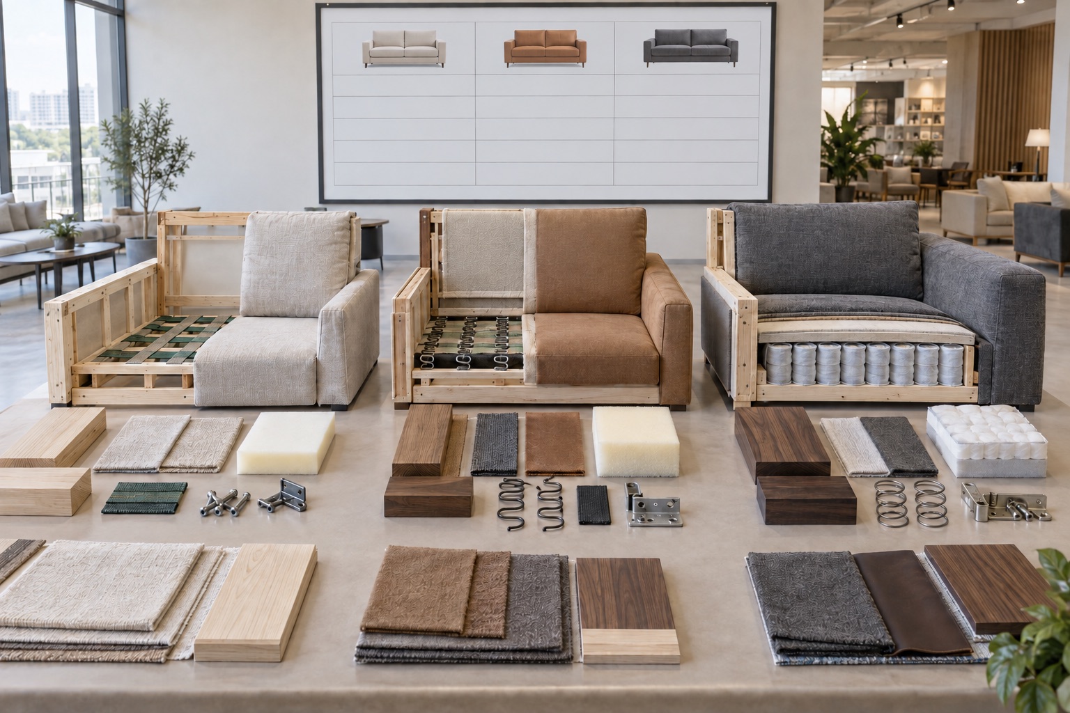 Exploded sofa components showing frame, foam, upholstery and hardware as cost factors