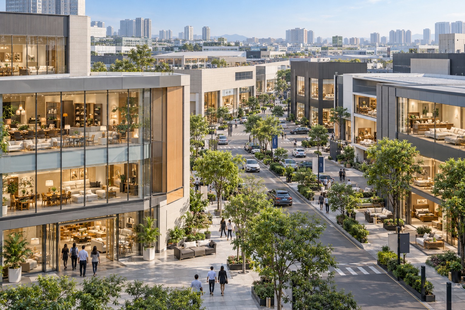 Wide view of a furniture trade district with multiple showroom buildings and display windows